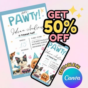 Editable Dog Birthday Party Invitation | Custom Puppy Invite | Let&#39;s Pawty Digital Template for Dog Lovers | Printable Party Card|Invitation