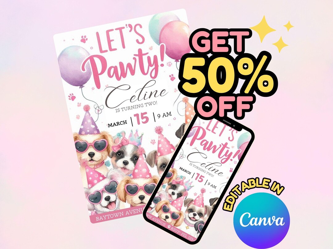 Editable Dog Birthday Party Invitation, Lets Pawty, Puppy Birthday ...
