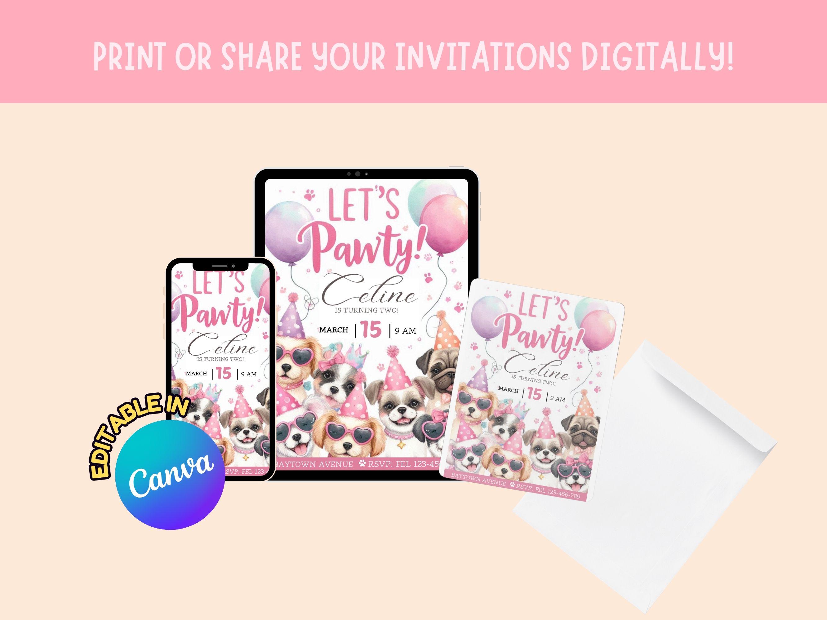 Editable Dog Birthday Party Invitation, Lets Pawty, Puppy Birthday ...