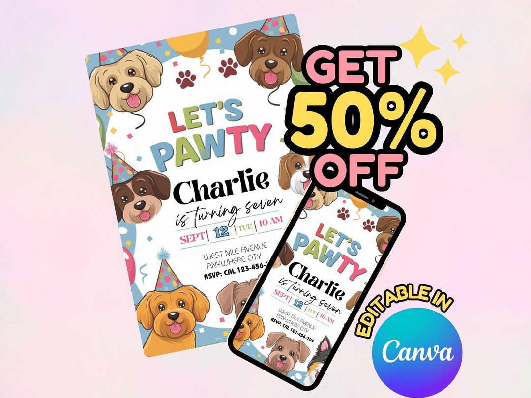 Editable Dog Birthday Party Invitation, Lets Pawty, Puppy Birthday ...
