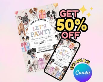 Editable Dog Birthday Party Invitation, Lets Pawty, Puppy Birthday ...