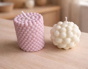 Juego de velas de soja con burbujas: pilar rosa pastel y bola blanco cremoso