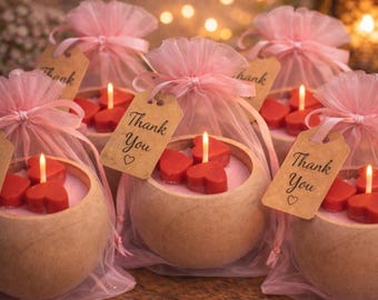 Mini vela de madera en forma de corazón – Recuerdo rosa con etiqueta de agradecimiento