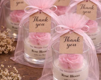 Vela de soja rosa como recuerdo / Vela votiva de cristal con flor rosa / Regalo para dama de honor o boda