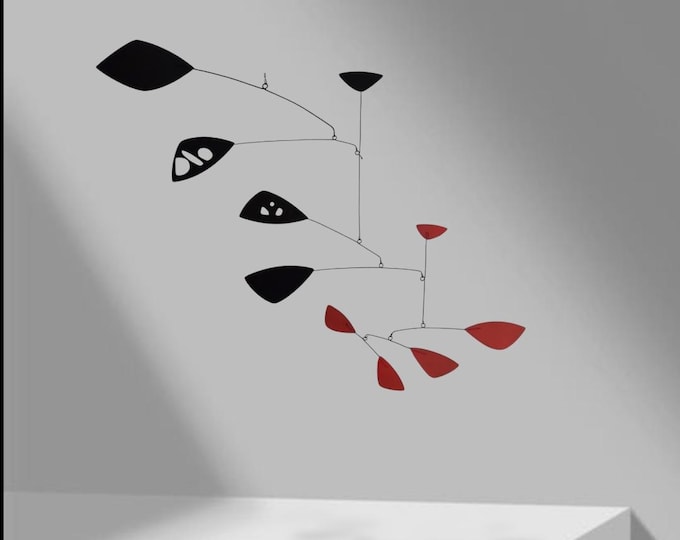 Black and red metal kinetic mobile, modern hanging mobile, metal mobile art sculpture, midcentury design kinetic mobile