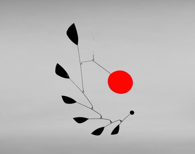 Black and red metal kinetic mobile, modern hanging mobile, metal mobile art sculpture, kinetic mobile design midcentury