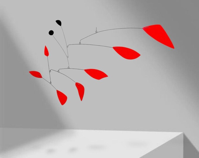 Kinetic mobile in red and matte black metal, modern hanging mobile, metal mobile art sculpture, midcentury design kinetic mobile