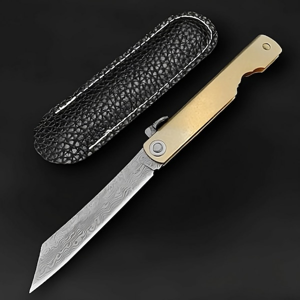 Higonokami Japanese folding pocket knife, damascus steel, copper handle, collector's knife, survival, tactical camping, hunting, defense,