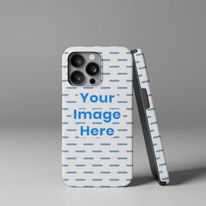 May include: A white phone case with a blue and white striped pattern. The case has a cutout for the camera lens and the text "Your Image Here" is printed on the back.