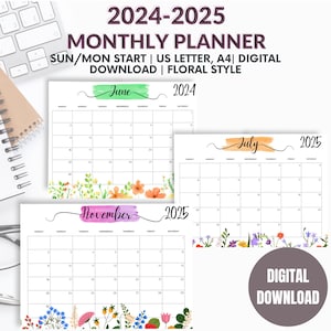 Printable Calendar 2024 2025:Floral Design,Monthly Planner,Watercolor Accents,DIY Wall Calendar,Digital Download for Easy Planning,Landscape