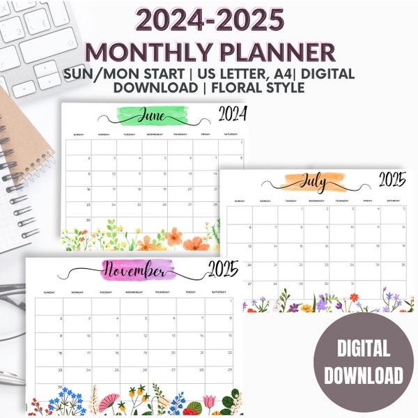 Printable Calendar 2024 2025:Floral Design,Monthly Planner,Watercolor Accents,DIY Wall Calendar,Digital Download for Easy Planning,Landscape