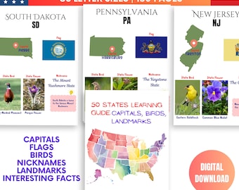 May include: A colorful illustration of the United States with the text "50 States Learning Guide: Capitals, Birds, Landmarks". The image also includes three smaller images of state maps with information about South Dakota, Pennsylvania, and New Jersey. The text "Digital Download" is in a pink circle.