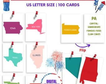 May include: A set of 100 printable flashcards for learning the 50 US states. Each card features a state outline, the state name, and a fun fact about the state. The cards are designed to be printed on US letter size paper. The image shows examples of the cards, including cards for Iowa, New York, Pennsylvania, Texas, Illinois, Florida, and Washington. The cards are perfect for kids learning about geography and US history.
