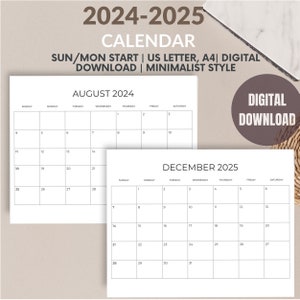 Printable Calendar 2024-2025, Digital Calendar, Calendar Template, Minimalist Style, 2024 Calendar Printable, 2025 printable calendar