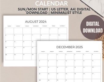 Calendario Imprimible 2024-2025, Calendario Digital, Plantilla de Calendario, Estilo Minimalista, Calendario 2024 Imprimible, Calendario 2025 imprimible