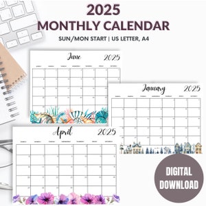 Calendar Template 2025 Printable: Floral Design,Monthly Planner,DIY Wall Calendar Digital Download for Easy Planning,Landscape,Cute Calendar
