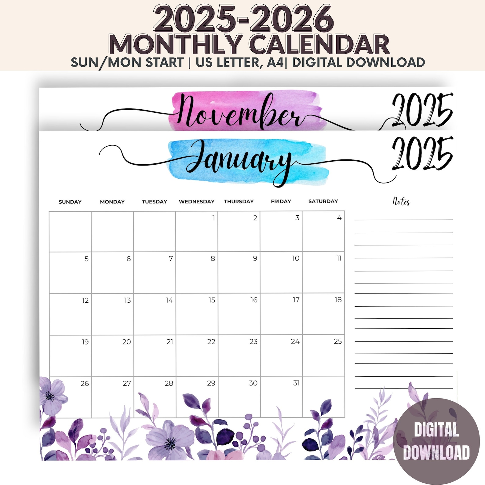 2025 2026 Printable Calendar Floral Design, Monthly Planner, Calendar