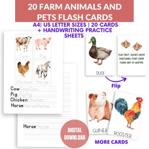 20 Farm Animals and Pets Flash cards for Kids,Pre-school Cards Learning Tools for Toddlers,Montessori Flash Cards,Handwriting Practice Sheet