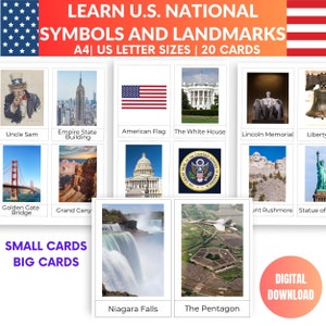 U.S National Symbols and Landmarks 3-part Cards Montessori Flashcards USA Geography Homeschool Learning USA Map Pre-school Teacher Resources