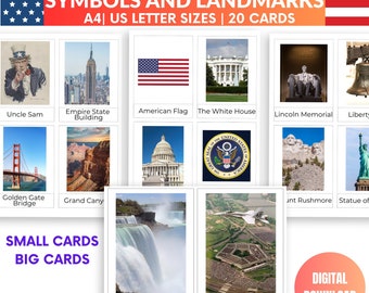 U.S National Symbols and Landmarks 3-part Cards Montessori Flashcards USA Geography Homeschool Learning USA Map Pre-school Teacher Resources