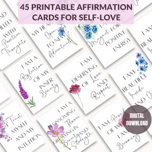 45 afirmaciones positivas, baraja de cartas de afirmación, tablero de visión, estilo minimalista floral, tarjetas de flores de acuarela, afirmaciones de atención plena 2024