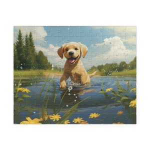 Splashing Fun with Golden Paws: Labrador Puppy Lake Adventure Puzzle (110, 252, 500, 1014-piece)