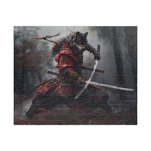 Puede incluir: Una criatura con aspecto de lobo vestida como un guerrero samurái con un atuendo rojo y negro, empuñando dos espadas en posición de combate. El fondo es un bosque oscuro con una atmósfera brumosa.