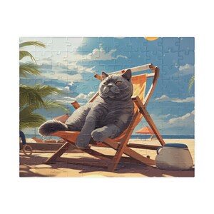 Sunny Beach Adventure Cartoon Grey British Shorthair Puzzle for Kids (110, 252, 500, 1014-piece)