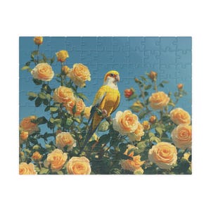 Rompecabezas infantil de periquito amarillo: pájaro de dibujos animados en un jardín de rosas amarillas (110, 252, 520 y 1014 piezas)