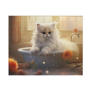 Adorable Cartoon White Persian Cat Bath Puzzle for Kids (110, 252, 500, 1014-piece)