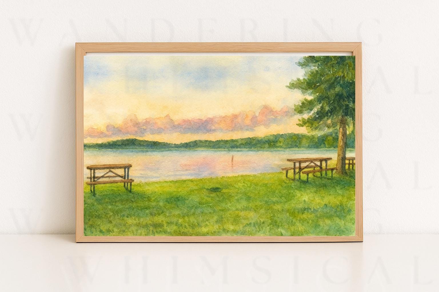 Sunset by the Lake Watercolor Print | Digital Download | Tranquil Nature Landscape Wall Art