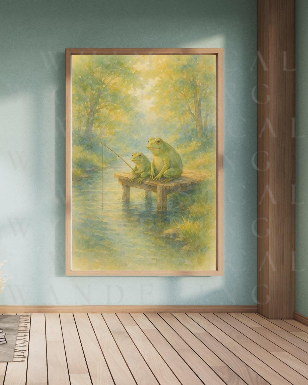 Whimsical Frog Fishing Watercolor Print: Cottagecore Home Decor (Digital Download)