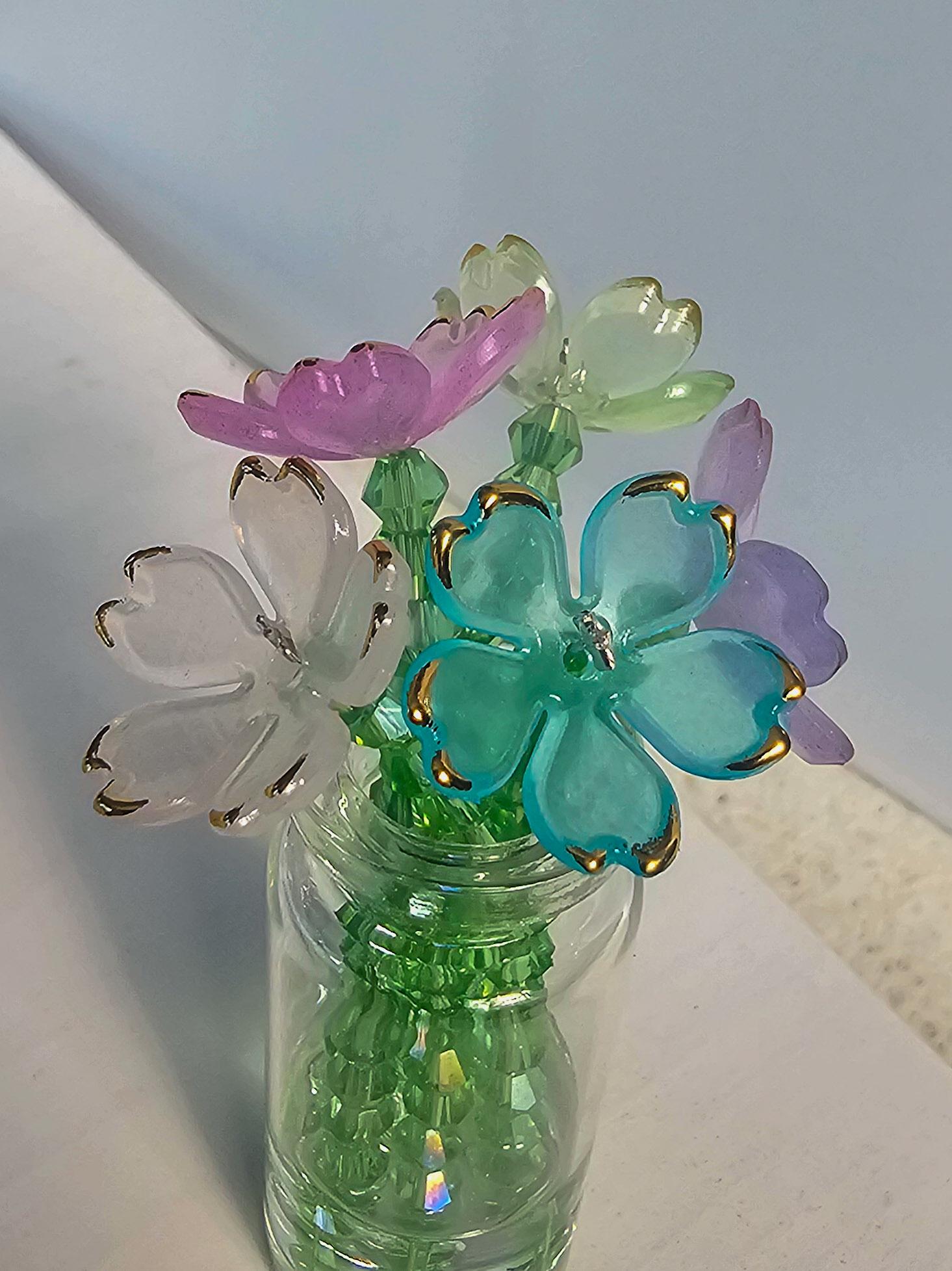 Handmade Glass Flower Bouquet Magnet - Pastel Crystal Blooms - Thumbnail 3