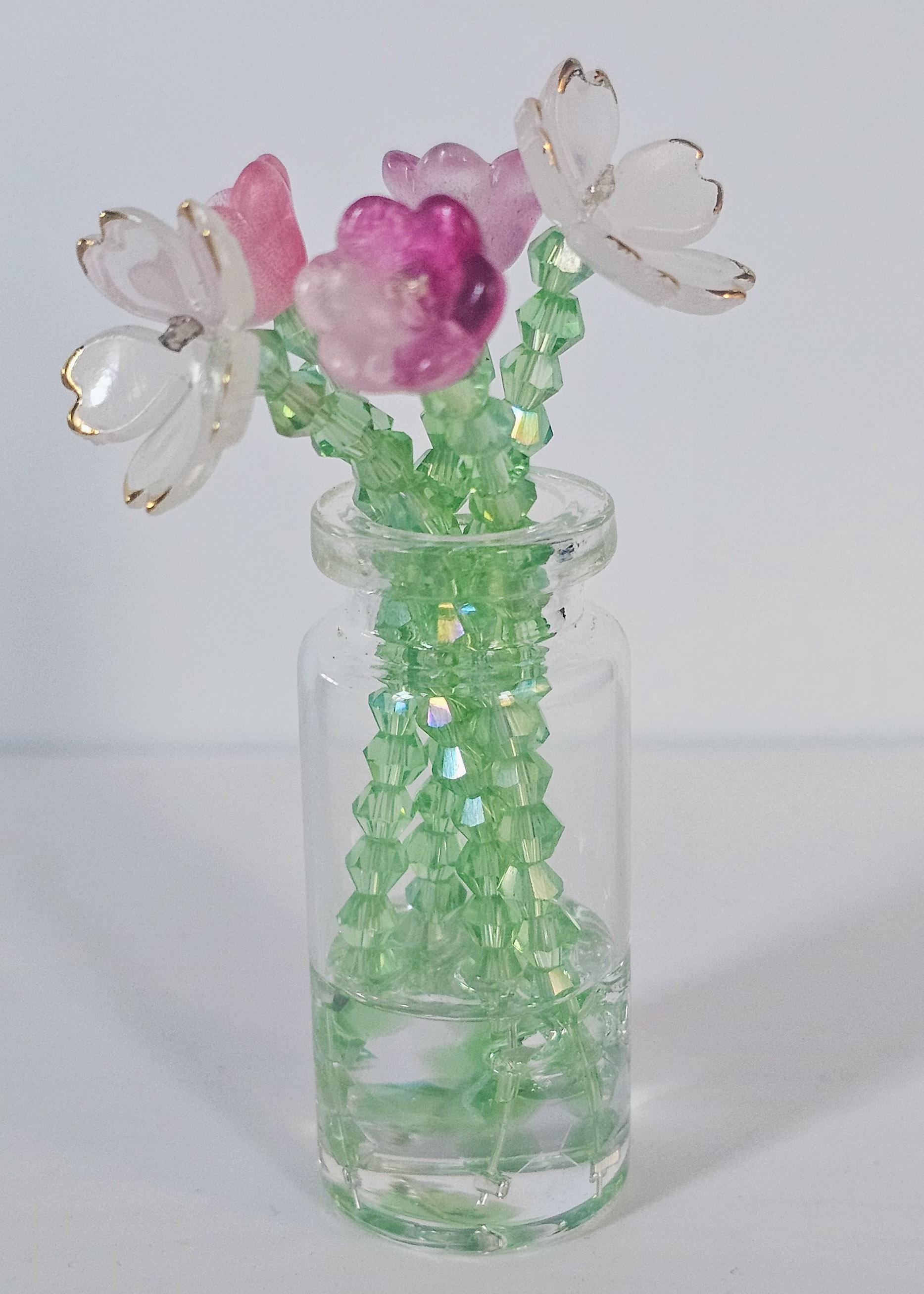 Miniature Beaded Flower Bouquet Magnet in Glass Bottle – Handmade Pink & White Floral Décor - Thumbnail 2