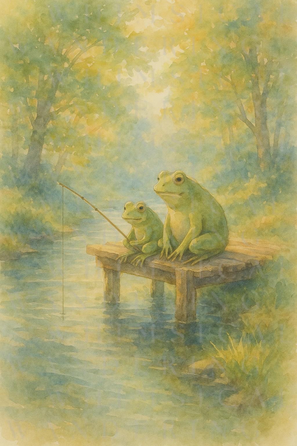 Whimsical Frog Fishing Watercolor Print: Cottagecore Home Decor (Digital Download) - Thumbnail 2