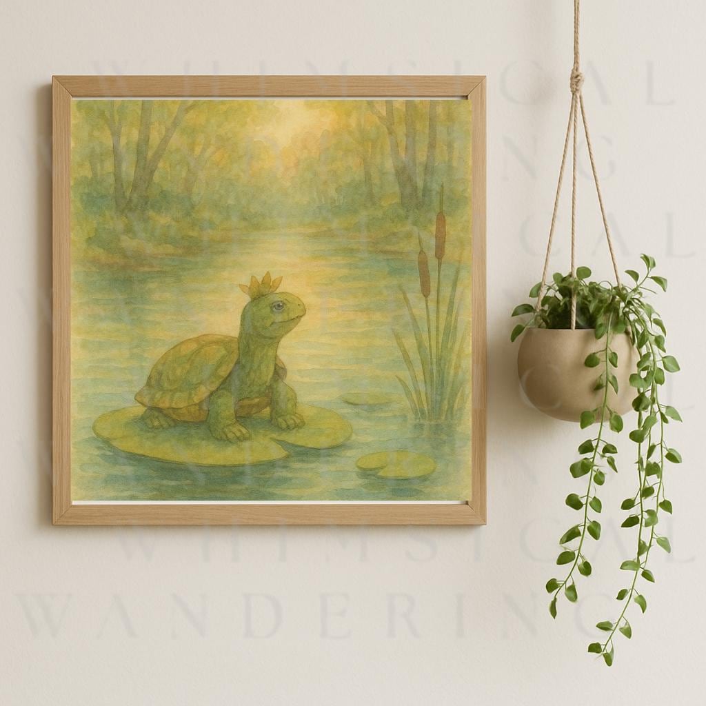 Whimsical Turtle Wall Art Print – Watercolor Woodland Animal Nursery Decor – Cozy Cottagecore Nature Illustration