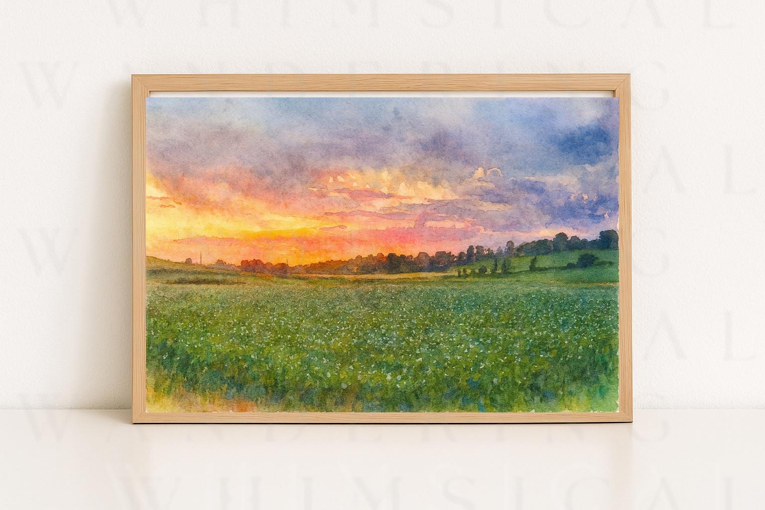 Golden Sunset Over Rolling Fields – Whimsical Watercolor Landscape Digital Print