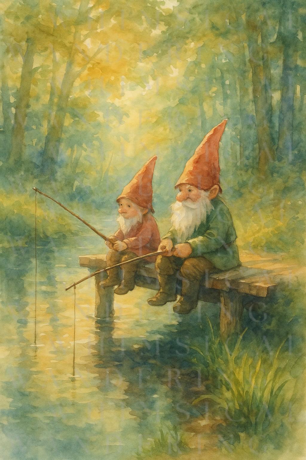 Gnome Fishing Watercolor Print: Whimsical Woodland Home Decor (Digital Download - Thumbnail 2