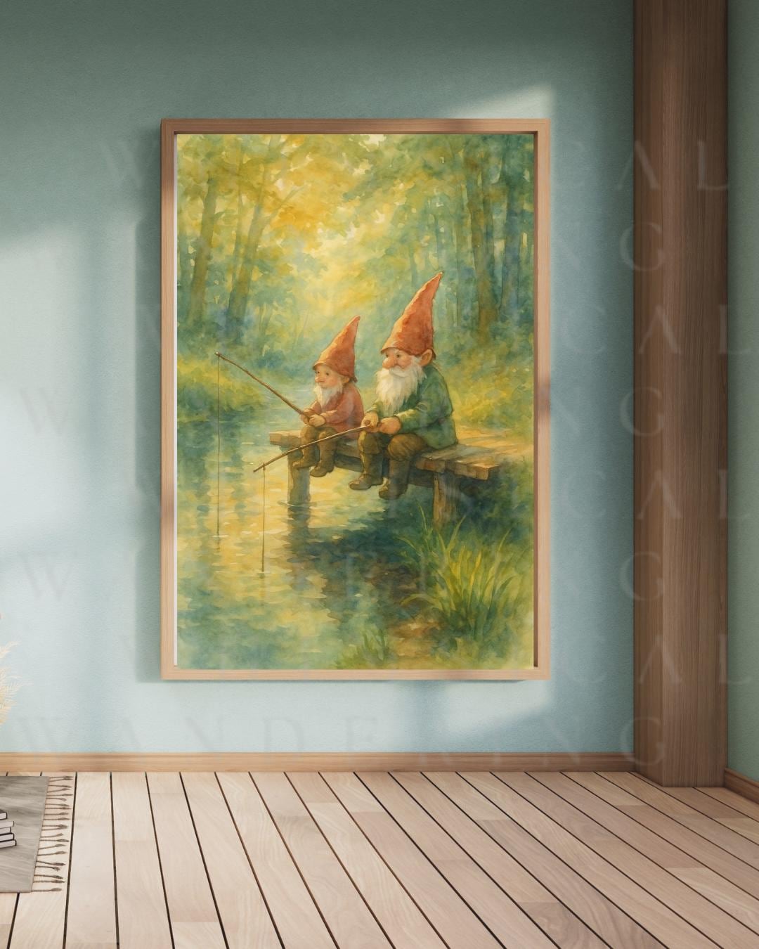 Gnome Fishing Watercolor Print: Whimsical Woodland Home Decor (Digital Download