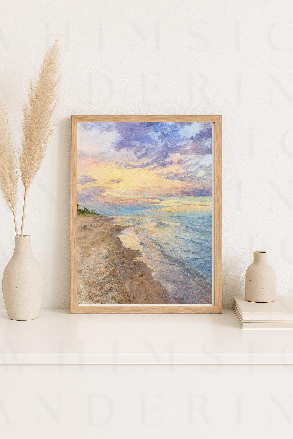 Watercolor Beach Sunset Wall Art | Coastal Landscape Digital Print | Seaside Ocean Decor