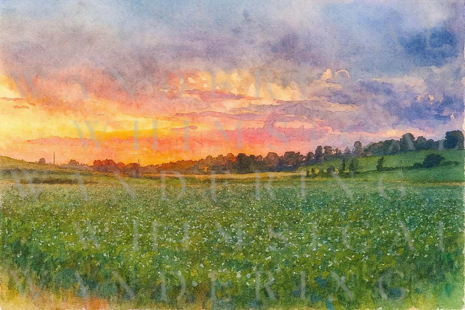 Golden Sunset Over Rolling Fields – Whimsical Watercolor Landscape Digital Print - Thumbnail 2