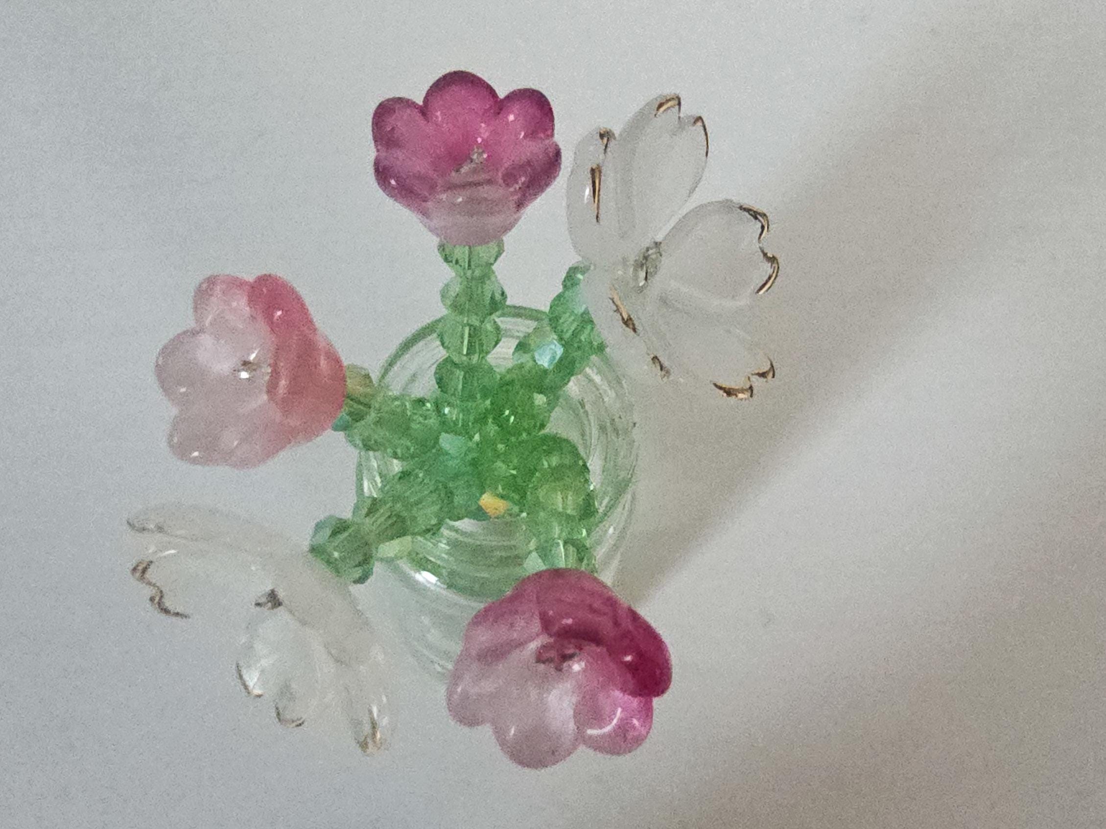 Miniature Beaded Flower Bouquet Magnet in Glass Bottle – Handmade Pink & White Floral Décor - Thumbnail 3