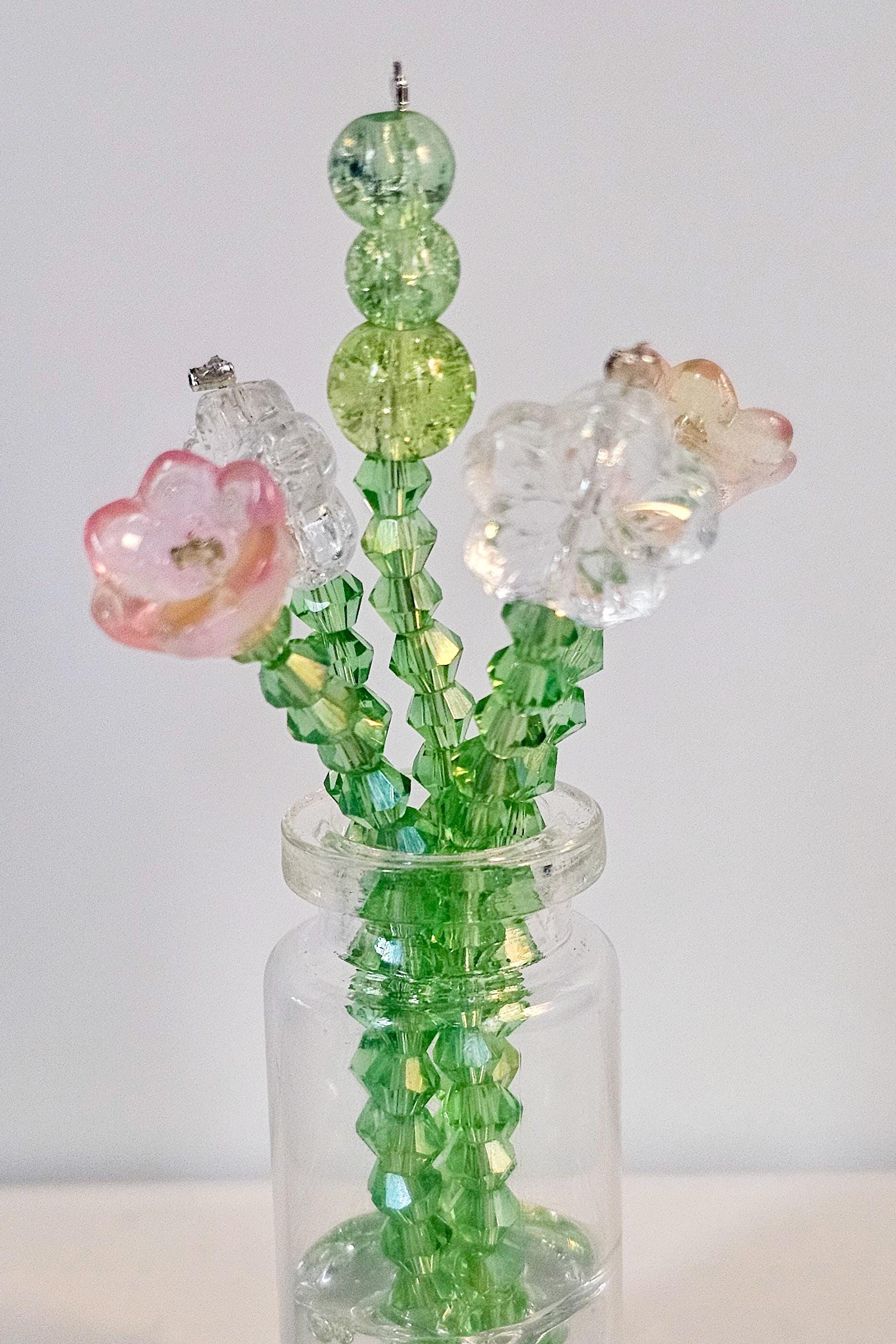 Beaded Flower Bouquet Magnet: Handmade Glass Jar Floral Decor - Thumbnail 3