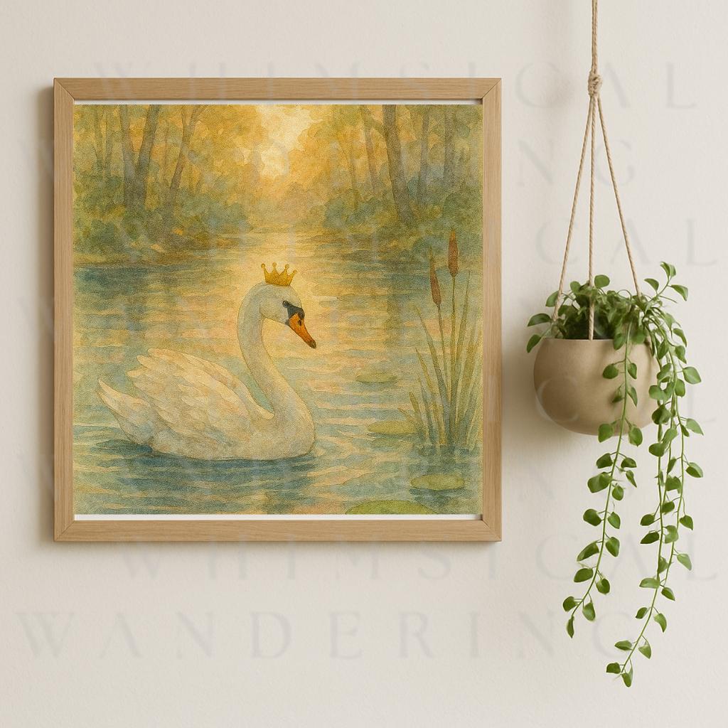 Whimsical Swan Wall Art Print – Watercolor Woodland Animal Nursery Decor – Fairytale Cottagecore Illustration
