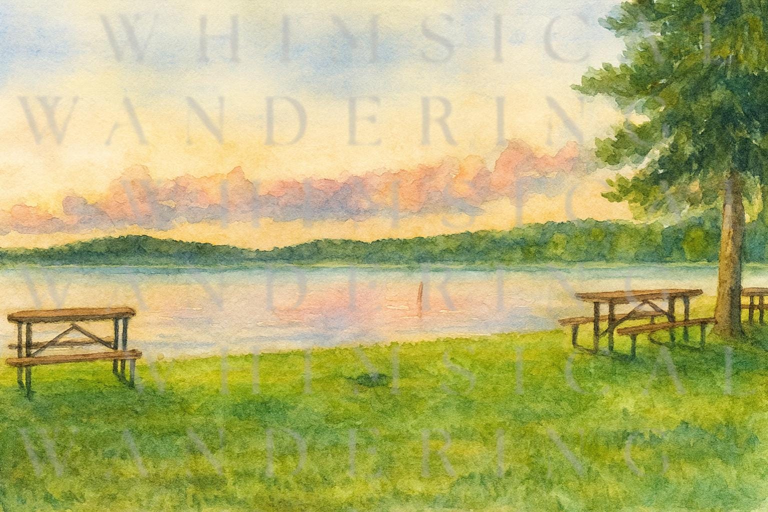 Sunset by the Lake Watercolor Print | Digital Download | Tranquil Nature Landscape Wall Art - Thumbnail 2