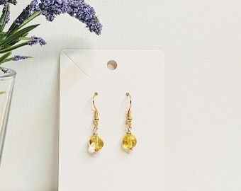 Yellow Faceted Agate Bead Earrings, Hook Earrings - Yellow Hook Earrings - Gold and Silver Dangling Earrings