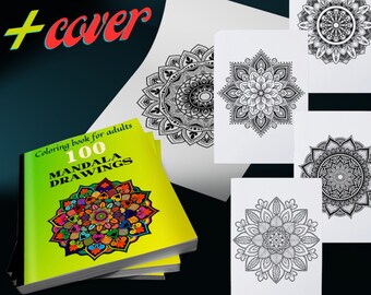 Op de afbeelding: Een kleurboek met een gele kaft met een kleurrijk mandala-ontwerp. De titel van het boek is "100 Mandala Drawings". Het boek wordt omringd door vier pagina's met zwart-wit mandala-ontwerpen.