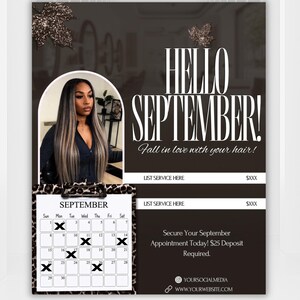 Buchungsflyer für Beauty-Termine im September: Canva-Vorlage zum Selbermachen (digitaler Download) für Friseure, Wimpernstylisten, Nageldesigner und Make-up-Artists