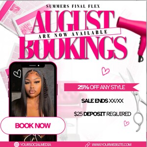DIY August Booking Flyer, August Specials,  August Bookings Available for MUA, Hair, Lashes, Nails Flyer, DIY Canva Template, Book Now