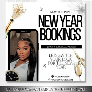January Beauty Booking Flyer, New Year Holiday Flyer : Hairstylist - Lash Tech - Nail Tech - MUA, Canva Template (Digital Download)